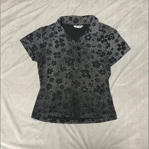 Vintage Black and White Floral Quarter Zip Collared Shirt, Jazz Sport, Size S